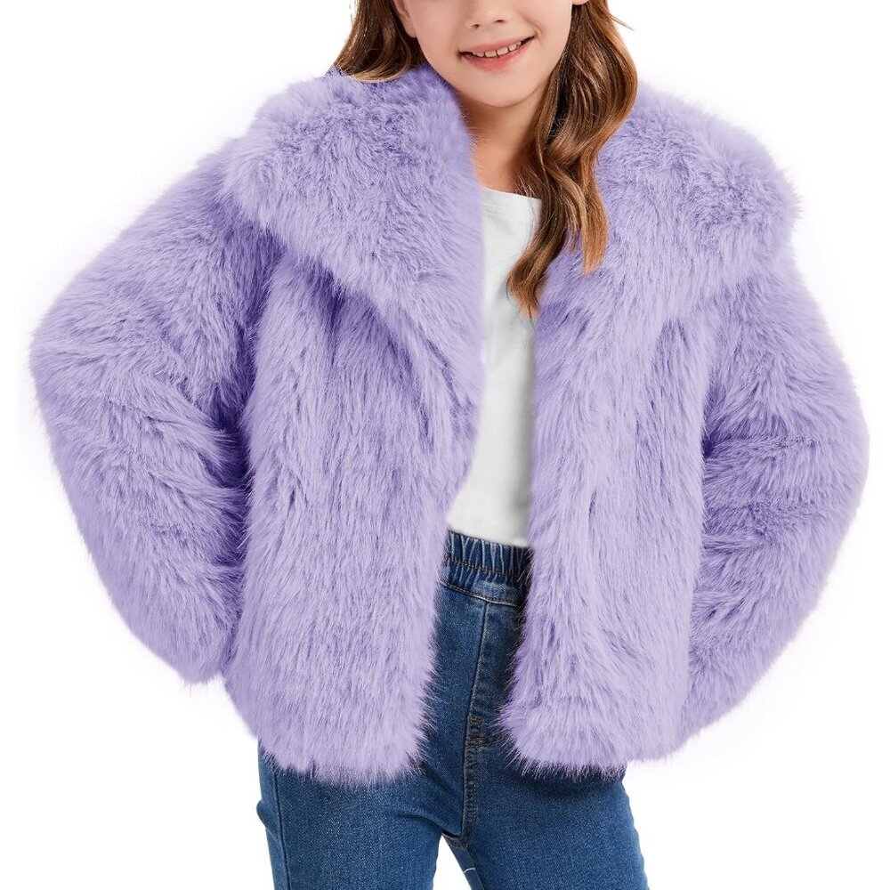 Warm and Trendy Girls Faux Fur Jacket - Fluffy Casual Coat with Pockets 5-14